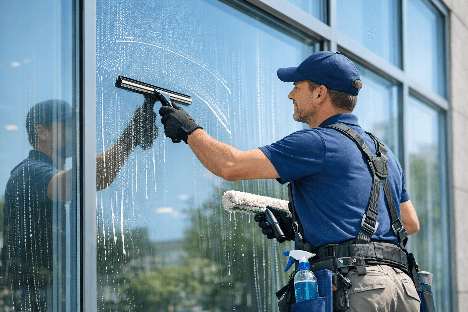 Professional window washer cleaning commercial building windows with a squeegee