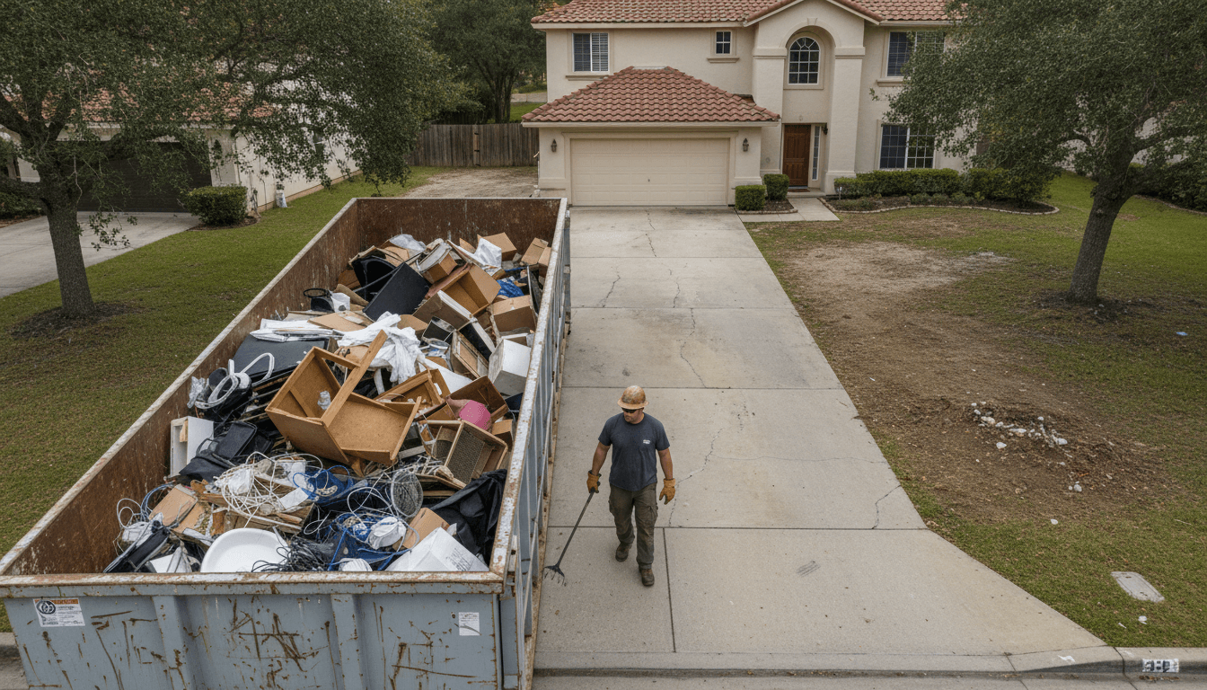 Crew member stands beside filled roll-off dumpster on residential driveway during property clearout
