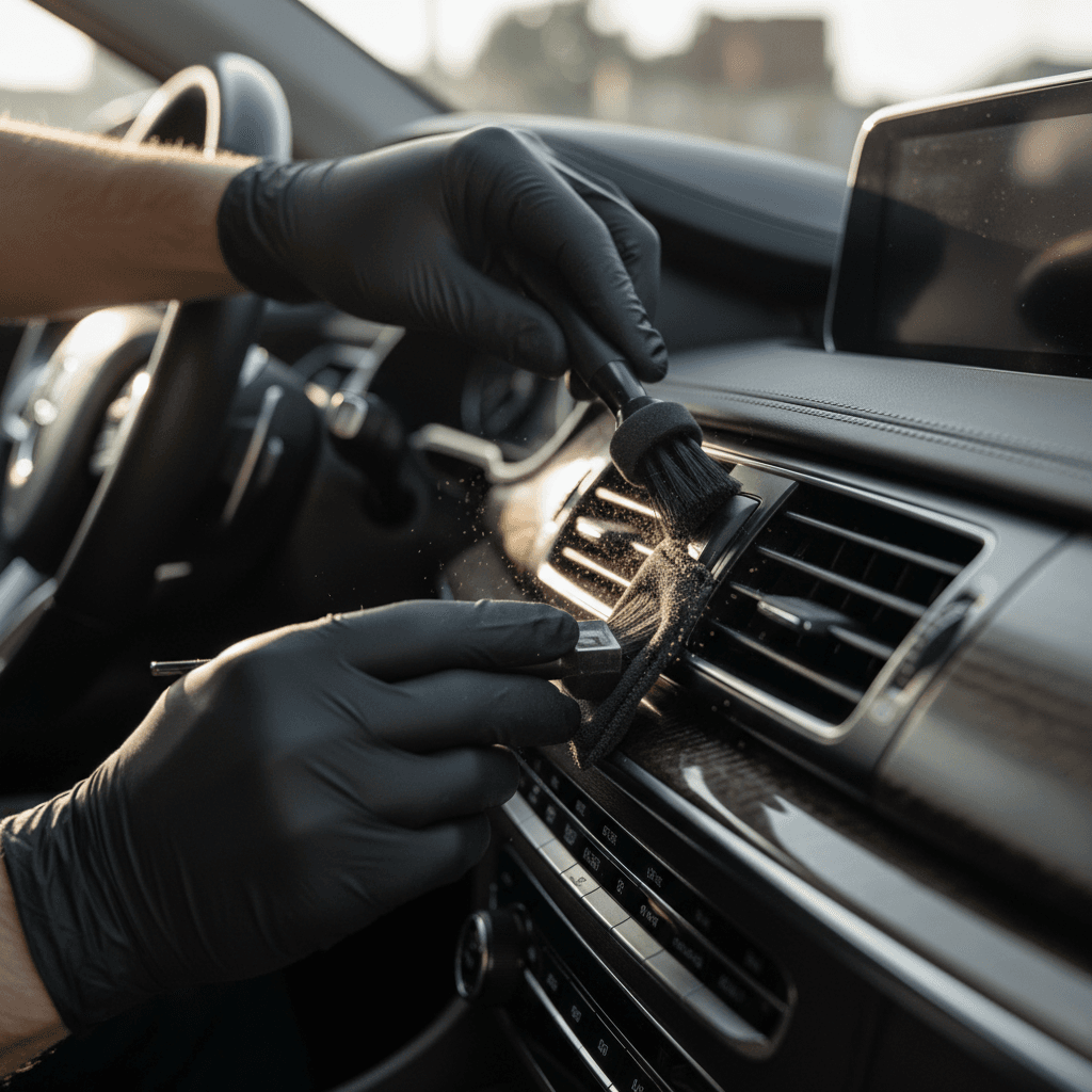 Technician's gloved hands carefully cleaning vehicle air vent slats with precision brush and microfiber tools