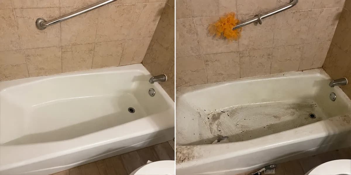 Side-by-side comparison of a clean white bathtub and a dirty bathtub covered in grime.