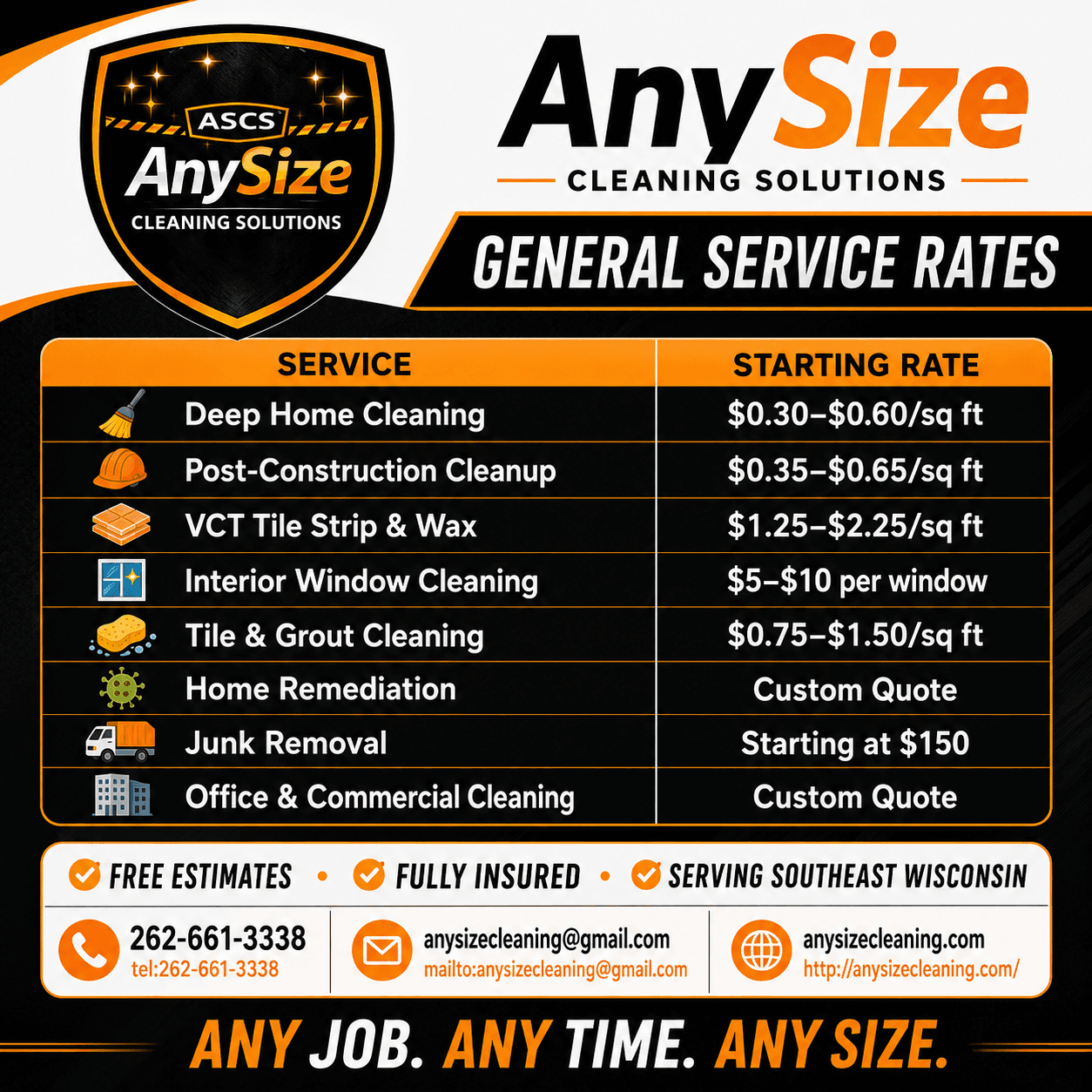AnySize Cleaning Solutions flyer listing general service rates for residential and commercial cleaning services.