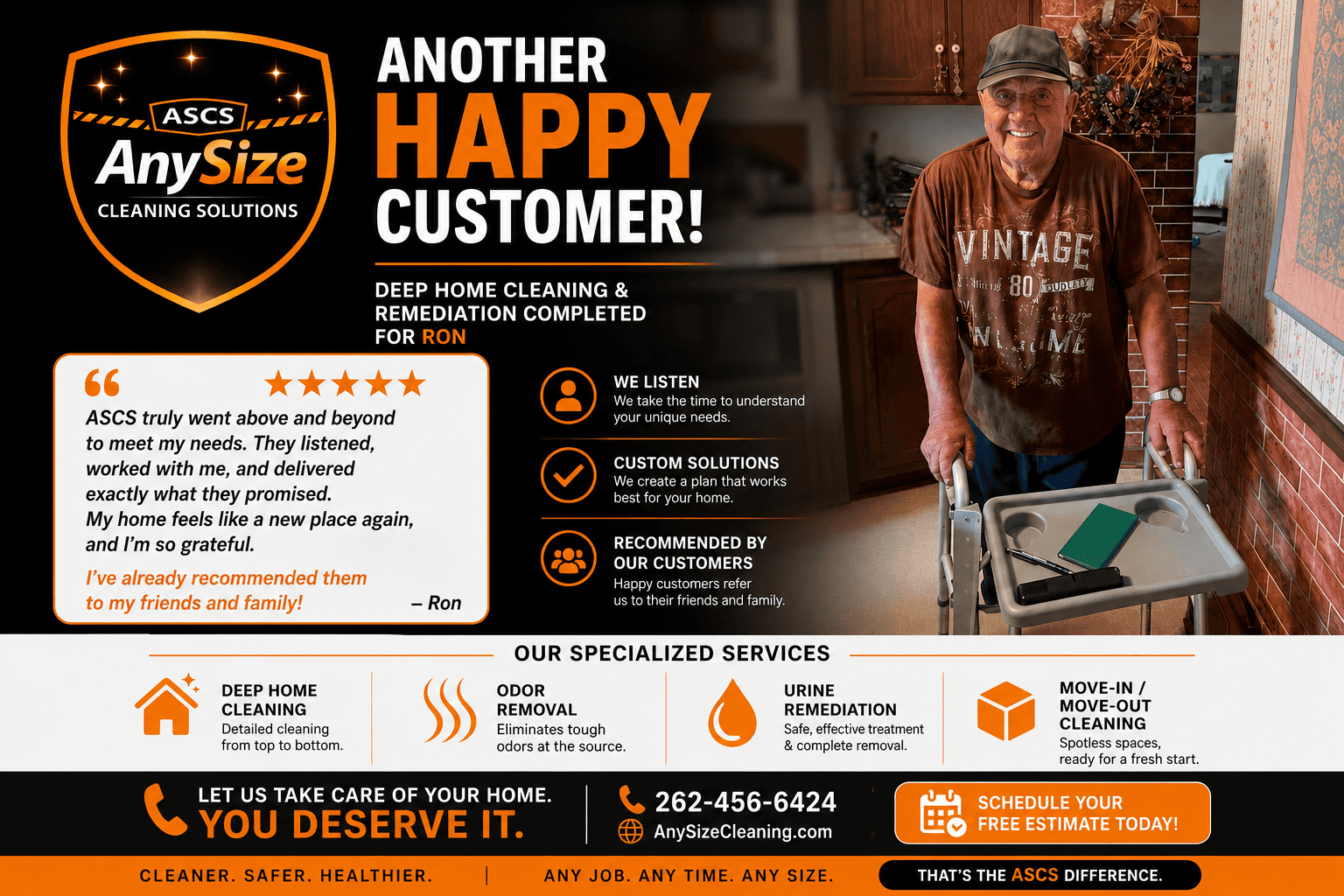 AnySize Cleaning Solutions advertisement featuring a happy senior customer, testimonial, and specialized cleaning services.