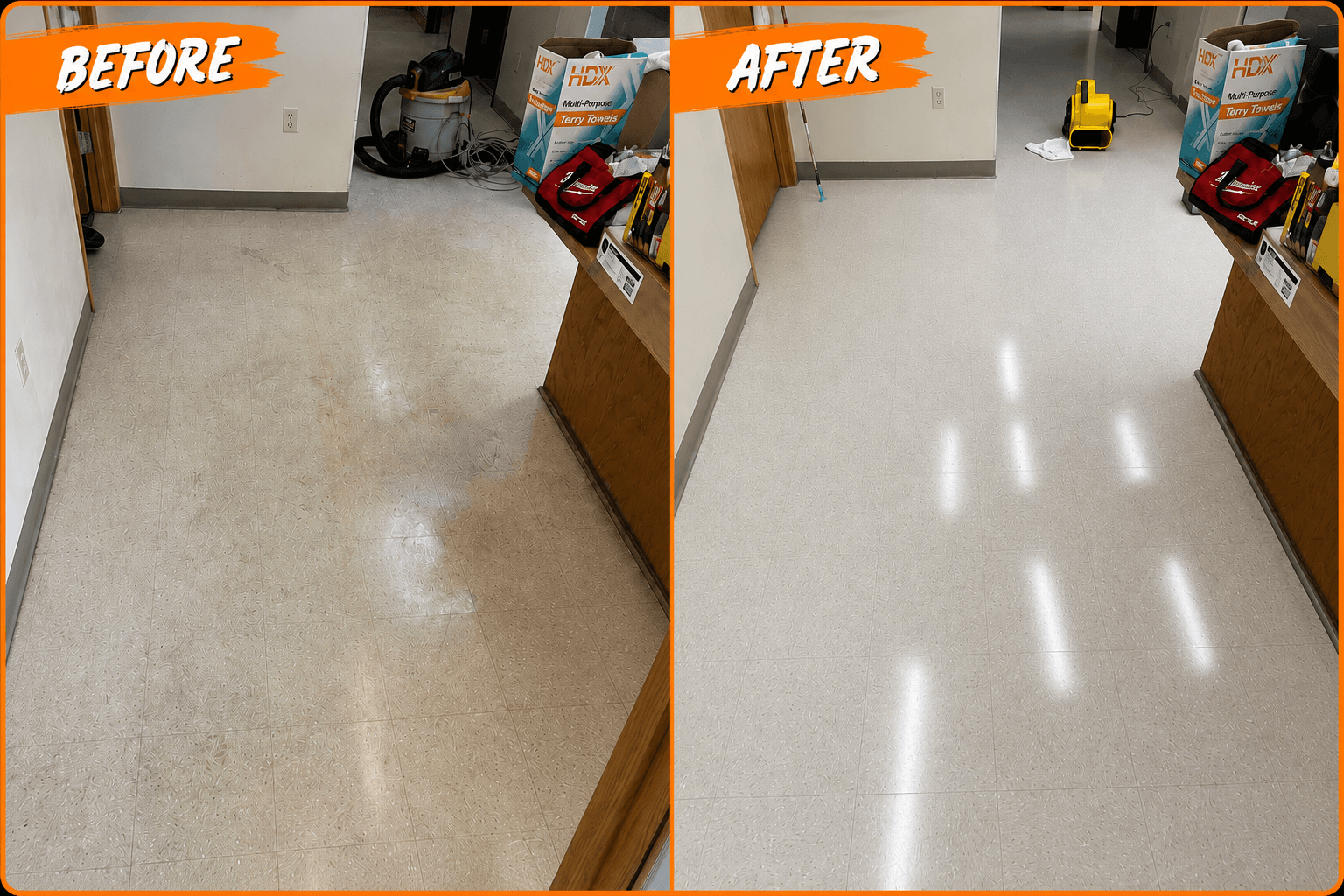 Before and after comparison of a dull, dirty floor transformed into a bright, polished surface.